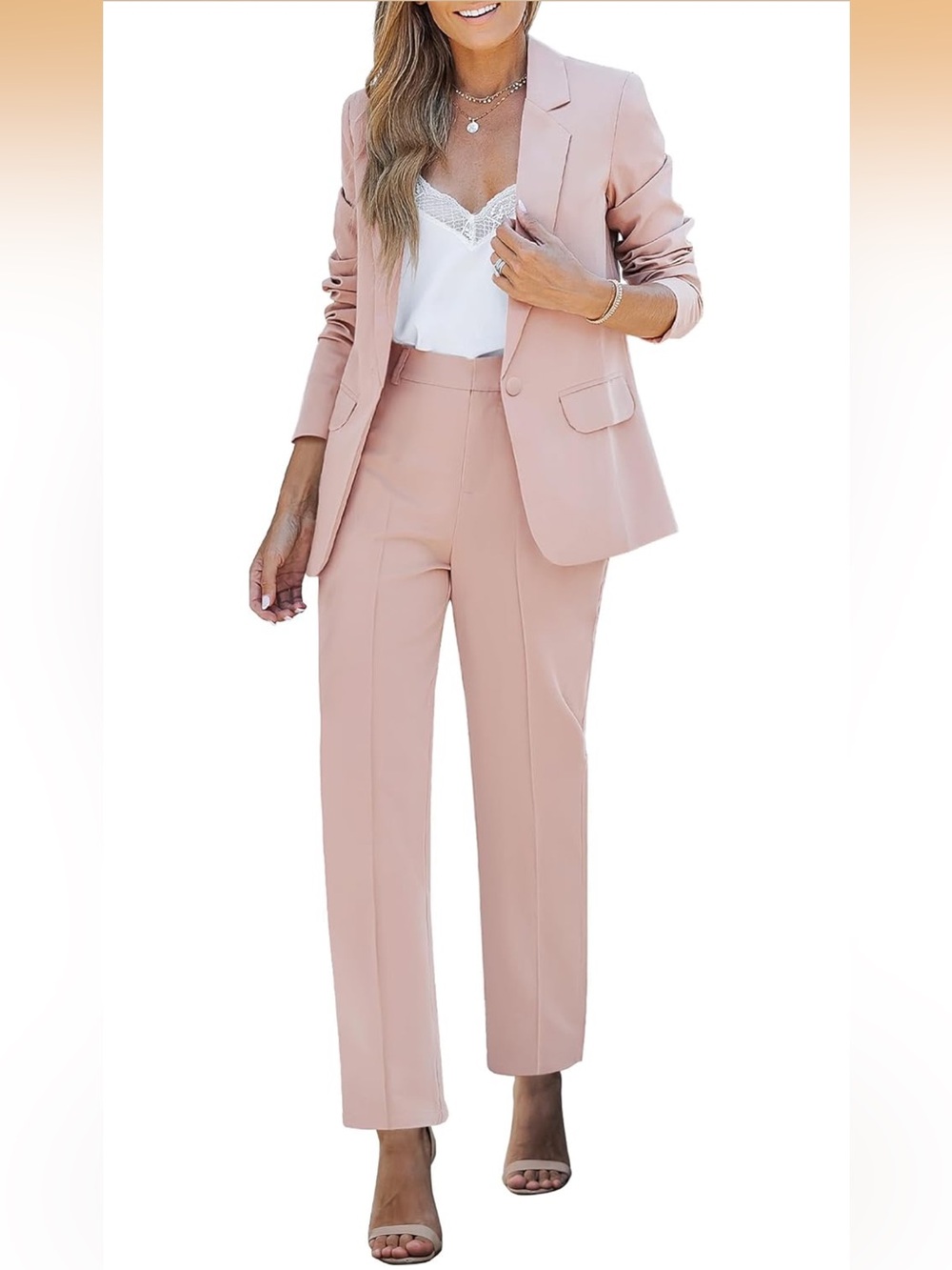 🌸 Women's Pink Soft Blush Straight-Leg Suit Dress Pants & Blazer Large